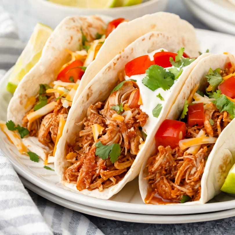 Three Mediterranean chicken tacos with cheese, tomatoes, cilantro, and sour cream on a white plate.