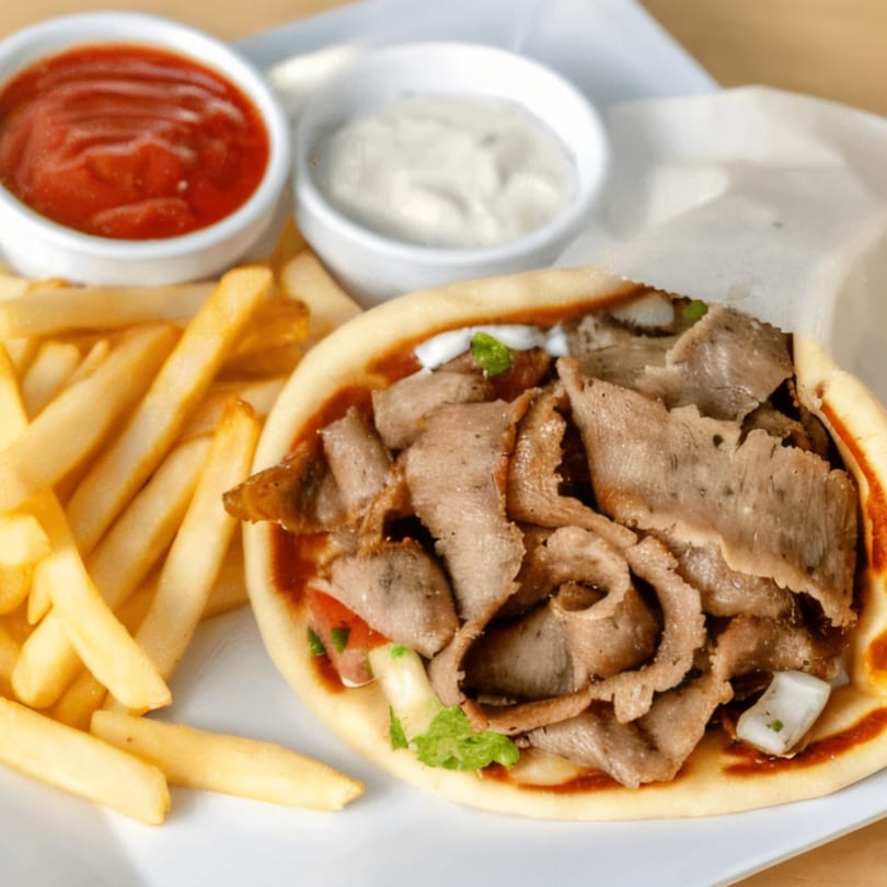 Safi Mediterranean Grill's gyro with sliced meat, lettuce, tomato, and onion, served with fries and sauces.