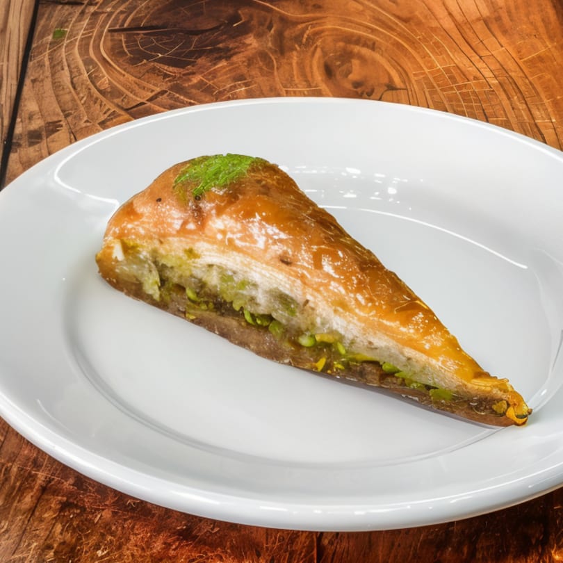 A triangular slice of baklava with pistachio filling and a honey glaze on a white plate.